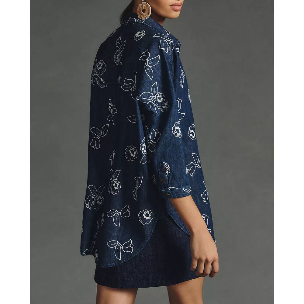 Maeve Anthropologie Oversized Denim Button Up Shirt 1X Embroidered Floral Cotton - Picture 14 of 14